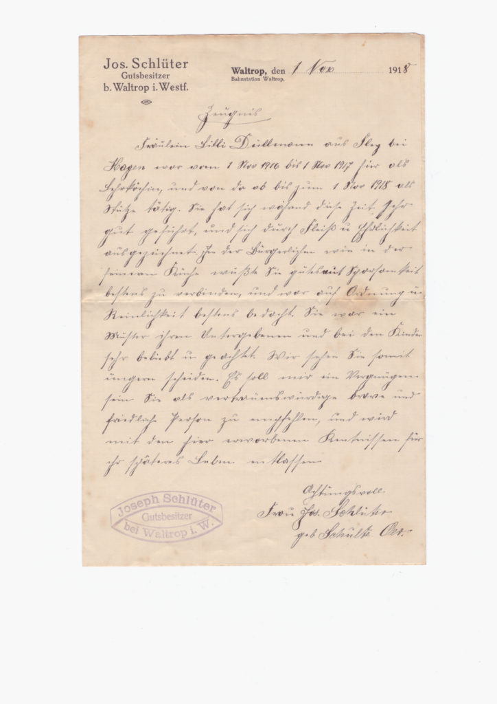 An old, handwritten reference letter, written in Kurrent script.